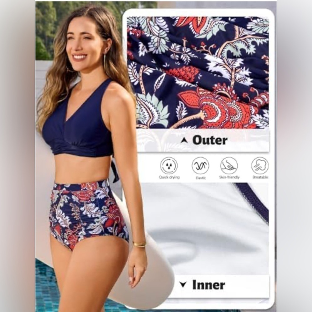 Floral Print Bikini Set - Navy and Multicolor